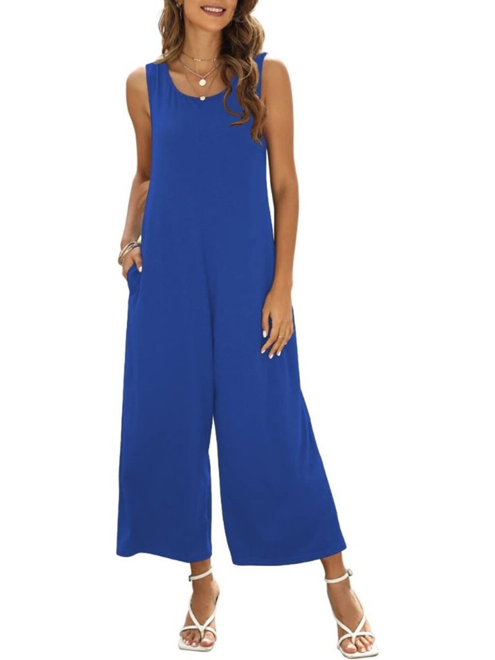 Women's Jumpsuit Light Blue Crewneck Loose Sleeveless Outfit With Pockets Romper